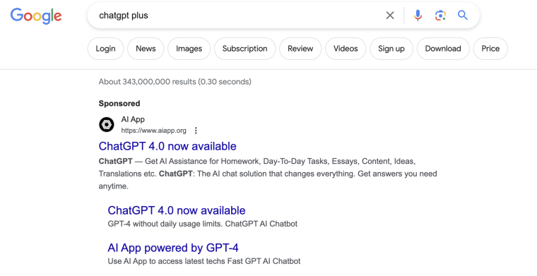 Search result for "ChatGPT Plus" results in an ad at the top result that is not affiliated with OpenAI, the official creator of ChatGPT. AI Content