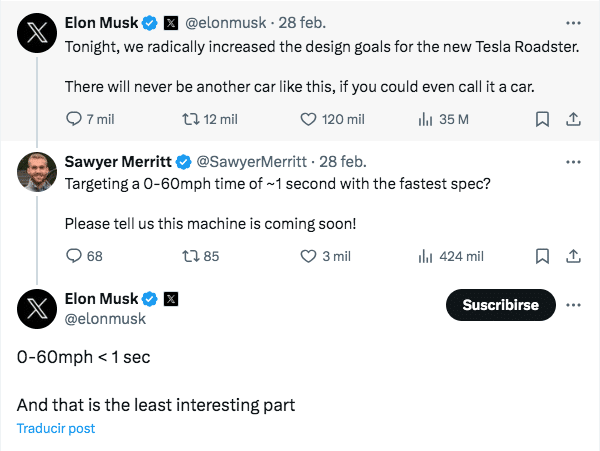 comments from elon musk regarding the roadster on x