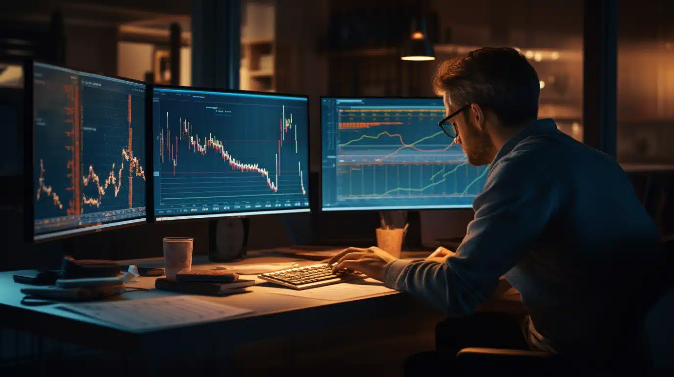 man working at desk with price charts on screens in front of him
