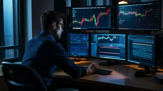 analyst looking at screens with charts on it in an office