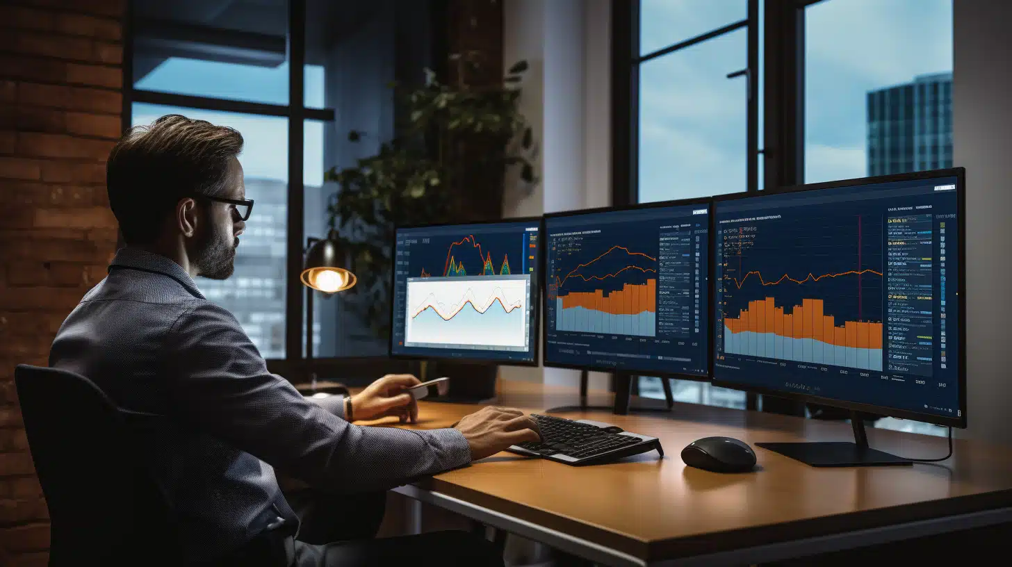 man looking at charts on computers in an office