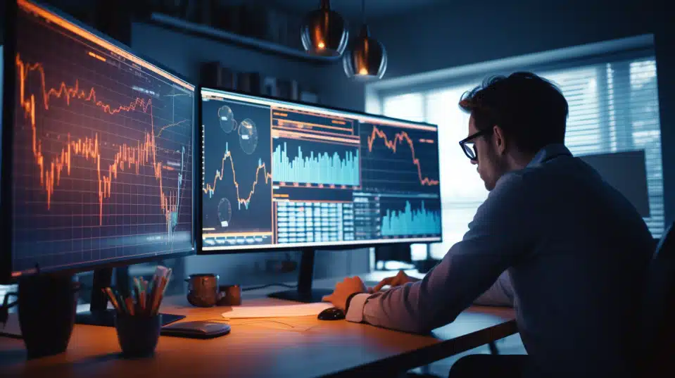 man working at desk with charts on computer