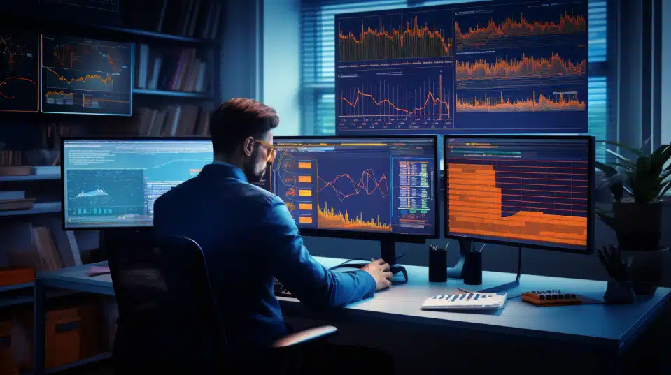 financial analyst working at a desk in an office looking at charts