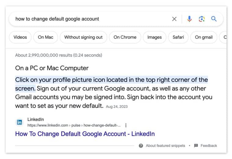 Google snippet of LinkedIn article on how to change default Google account. The article was posted by Morgan Mitchell, a fictitious entity who included non-legitimate phone numbers saying they were Customer Care for various services, including Google. AI Content