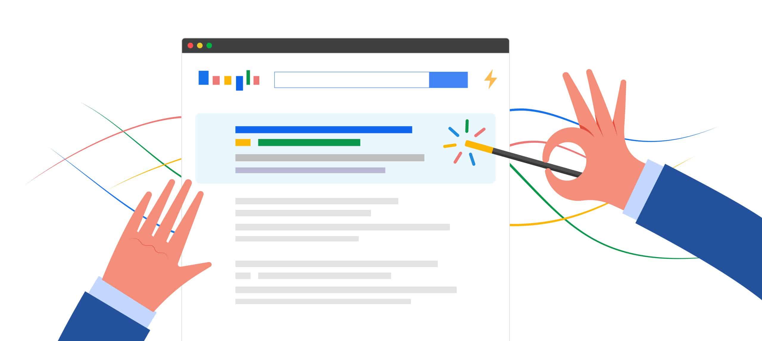 Person holding a wand over Google search results