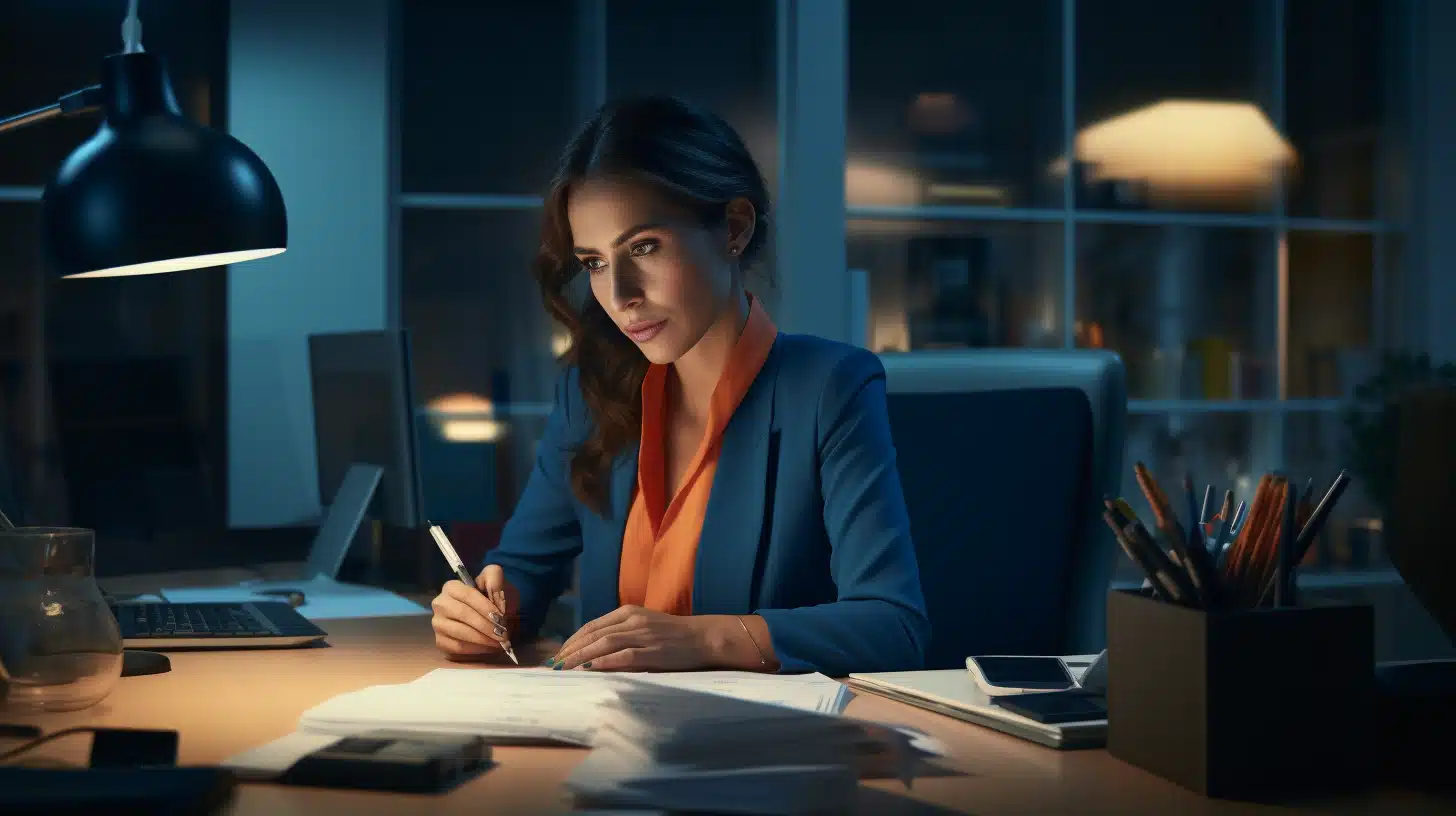 woman working at desk with pen and paper