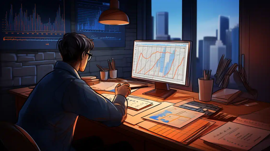 man at desk with papers and looking at computer