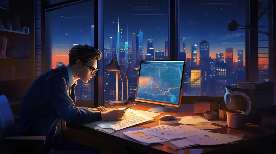 analyst working with pencil and paper in an office with a city scape in the background