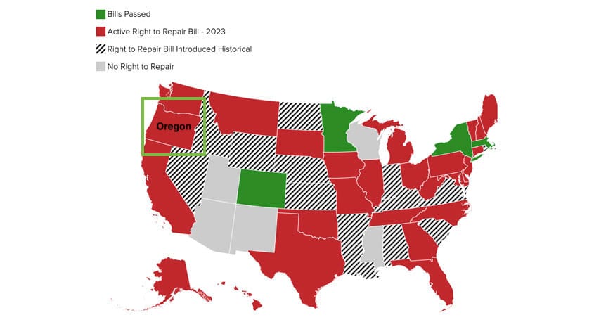 map of us states that are pushing forward right-to-repair laws