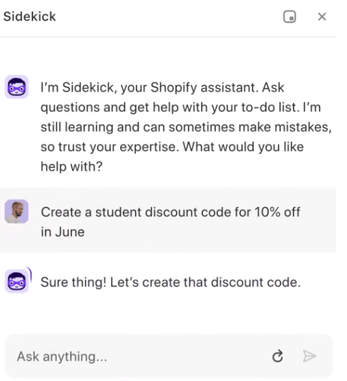 Screenshot of Shopify's AI assistant Sidekick
