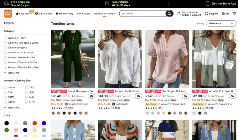 Temu front page web