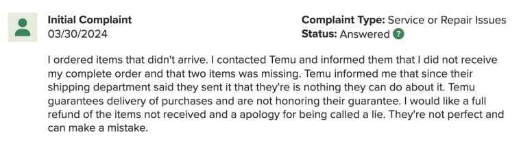 temu complaint