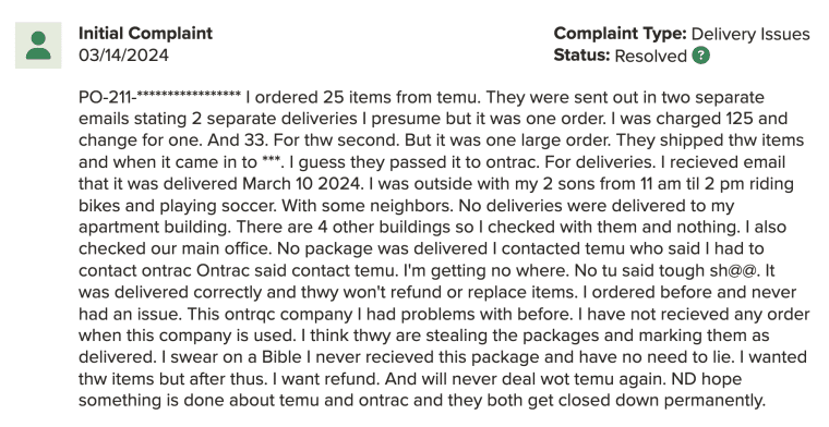 temu complaint