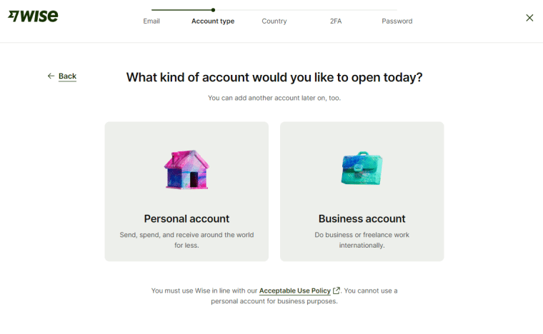 wise signup page personal vs business