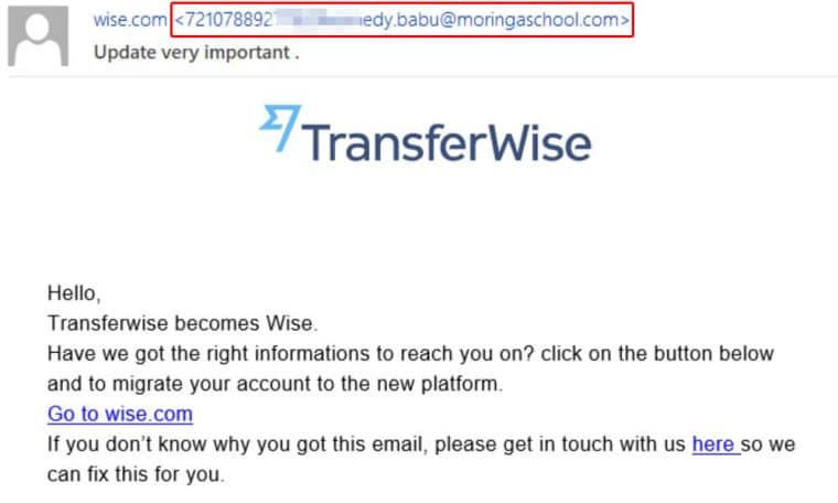 example of phishing email impersonating Wise