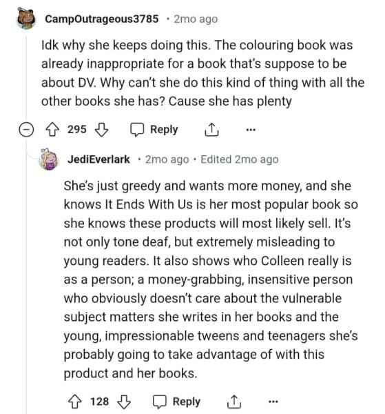 Reddit comments on Colleen Hoover books' merch