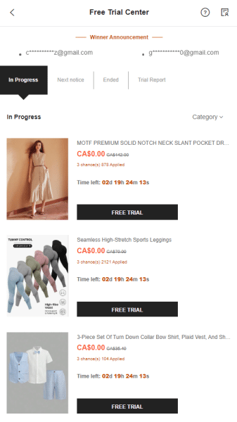 shein's free trial center page