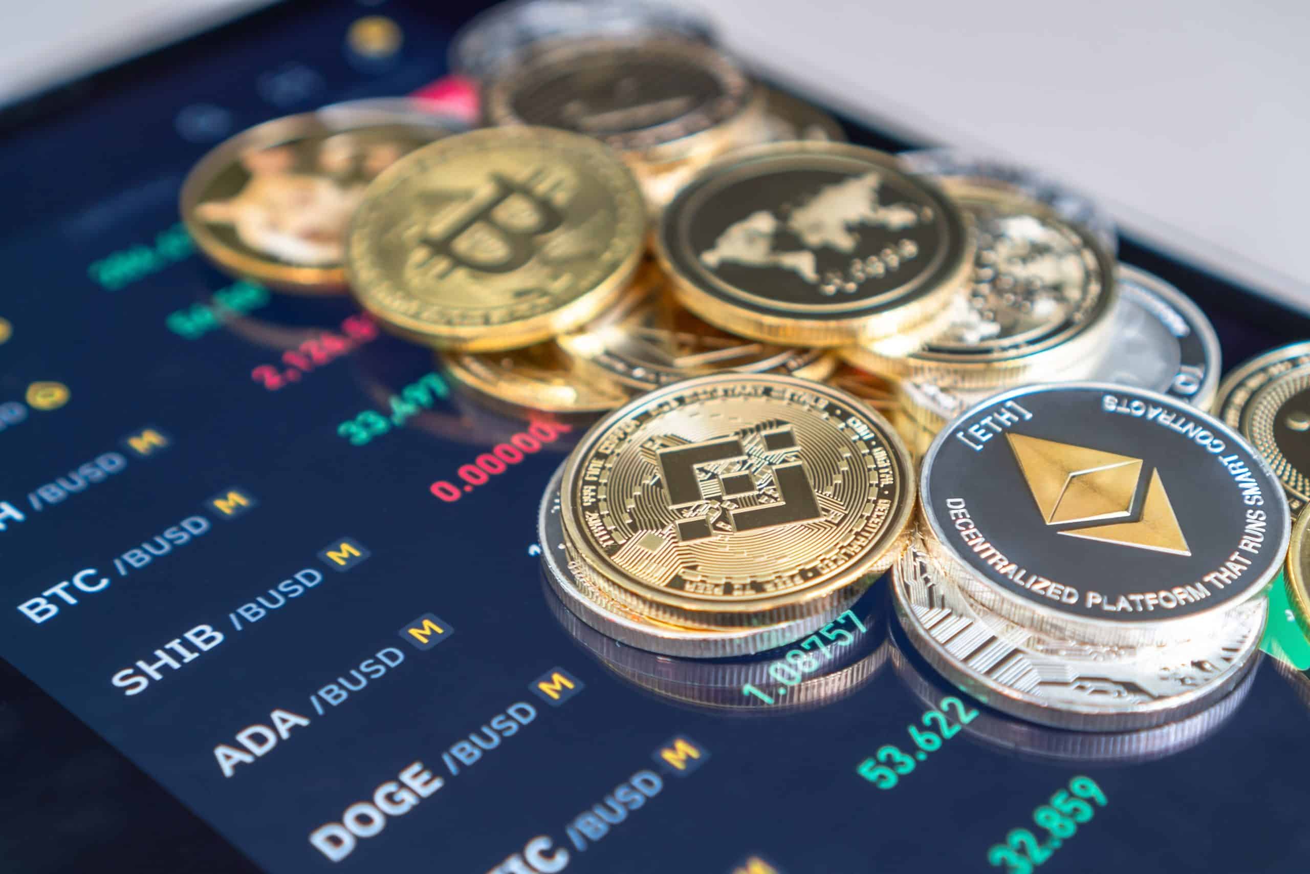 crypto coins on a phone