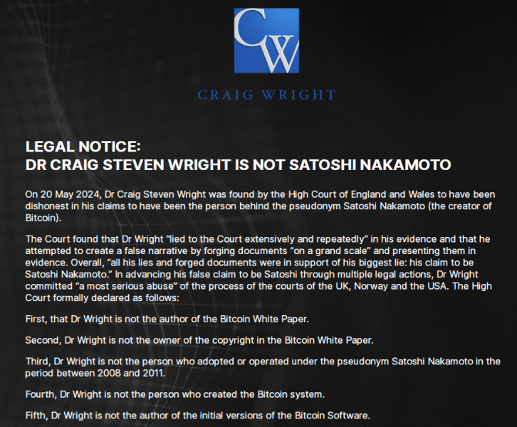 craig wright legal notice on his website