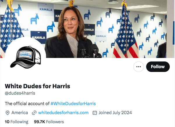 white dudes for harris account suspended on x