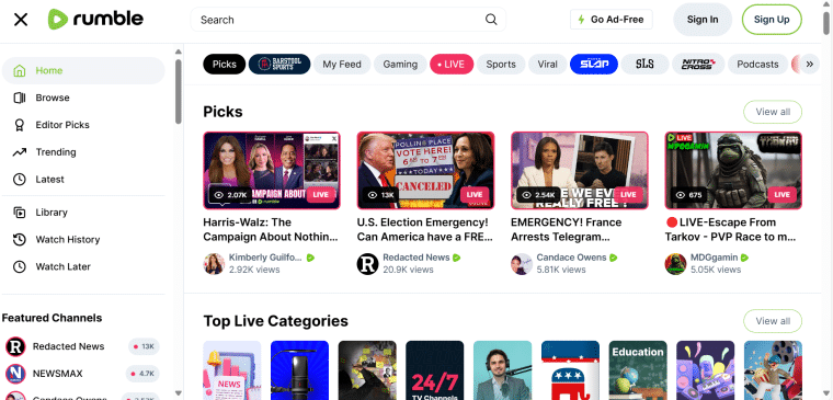Rumble homepage