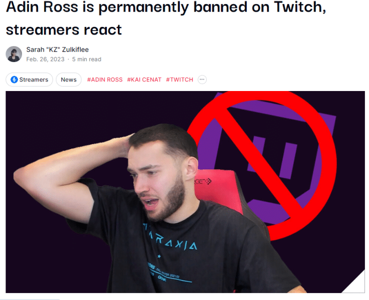 Adin Ross banned on Twitch.tv headline