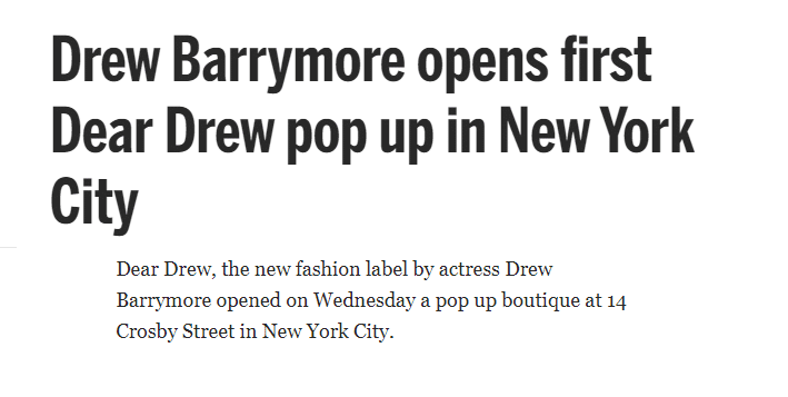 Drew Barrymore pop up store headline