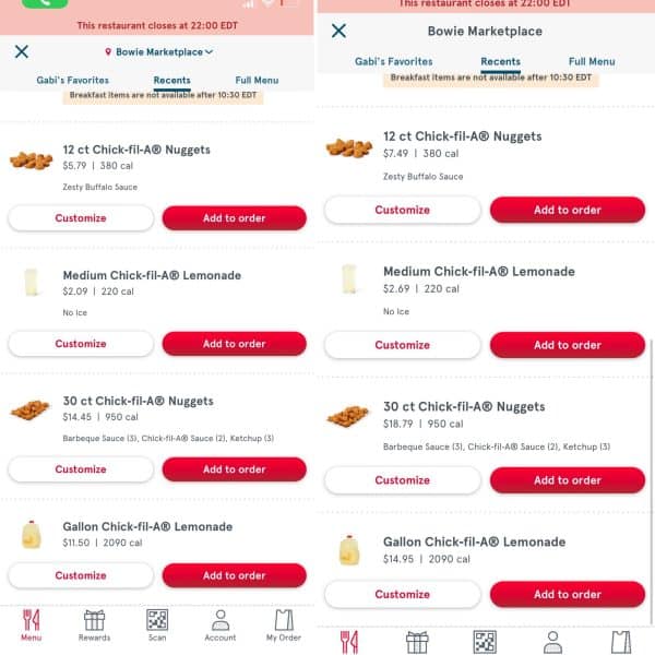 Chick Fil A prices compared