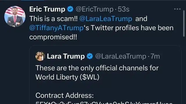 eric trump turns to x to warn users about the hack