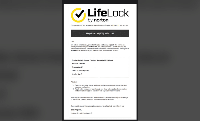 norton lifelock email scam example