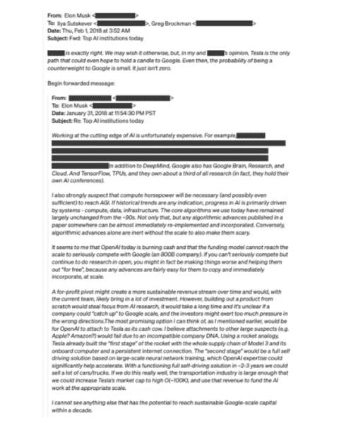 Screenshot of Elon Musk's email exchanges with OpenAI