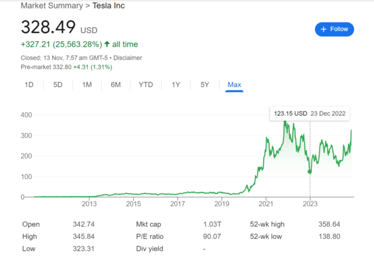 Tesla stock price history, with a highlight on late 2022 stock dip