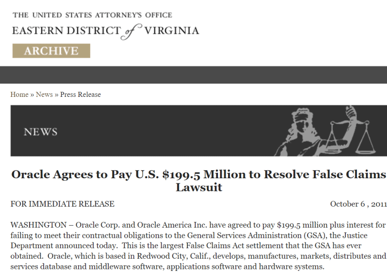 oracle us government settlement